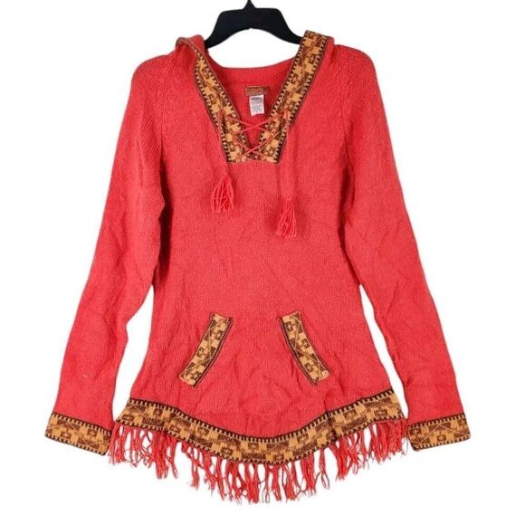 Scully Alpaca Blend Knit Sweater Womens M Orange Brown Hooded Aztec Fringe - Picture 7 of 12